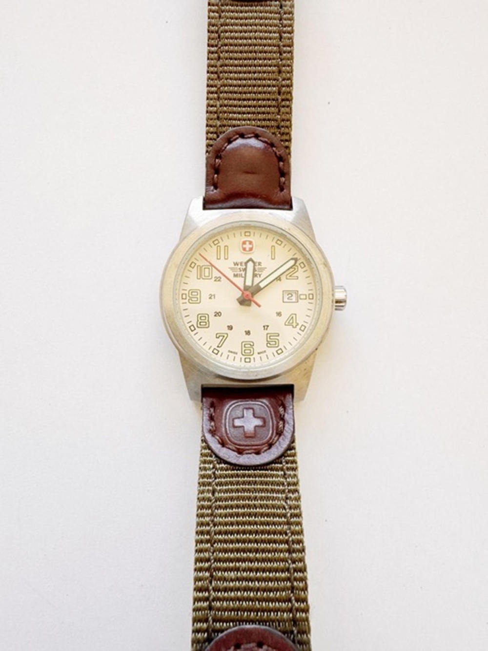 Wenger Swiss Military Field Watch, Cream Dial, Olive Nylon & Leather Band 30mm